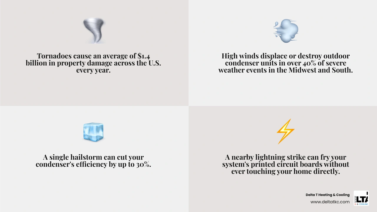 Severe weather risks to HVAC systems including hail damage wind displacement flooding and lightning surges infographic Severe weather risks to HVAC systems including hail damage wind displacement flooding and lightning surges infographic