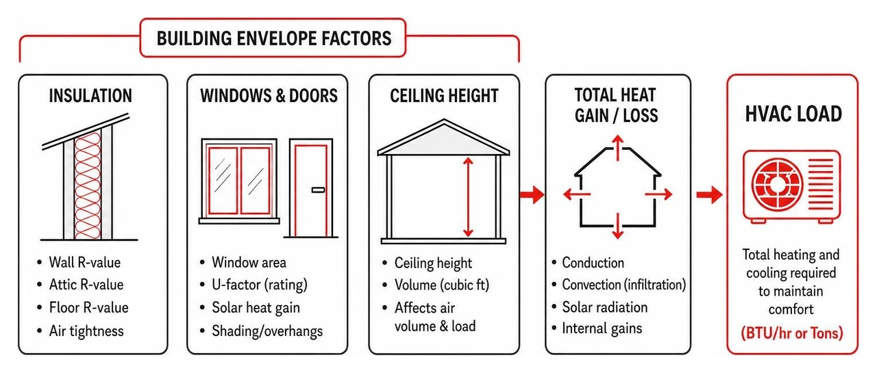Diagram showing how building envelope factors like insulation, windows, and ceiling height determine HVAC load Diagram showing how building envelope factors like insulation, windows, and ceiling height determine HVAC load