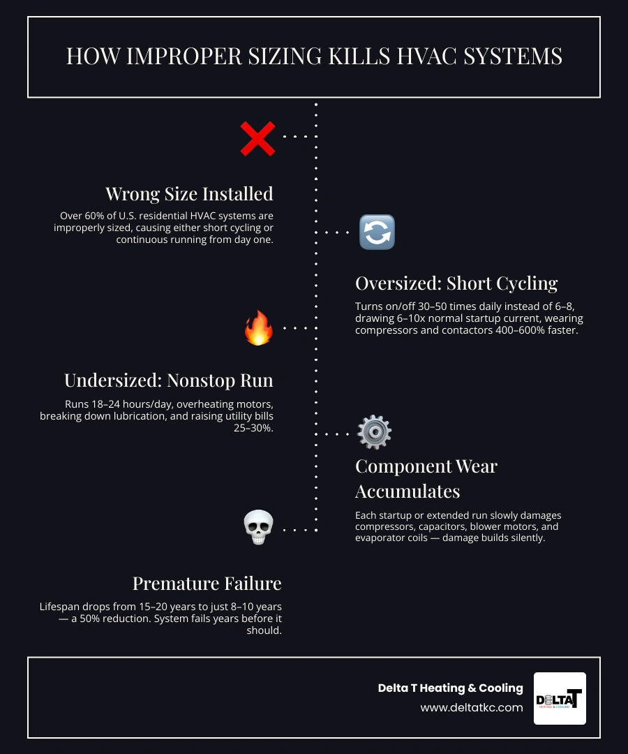 Infographic comparing properly sized vs improperly sized HVAC system lifespan, daily cycles, and wear rate infographic Infographic comparing properly sized vs improperly sized HVAC system lifespan, daily cycles, and wear rate infographic