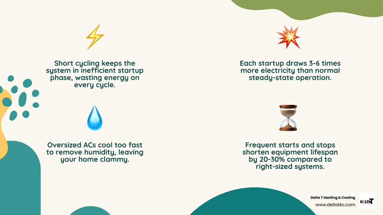 Infographic showing 5 reasons oversized HVAC systems waste energy: short cycling, startup current surges, poor humidity