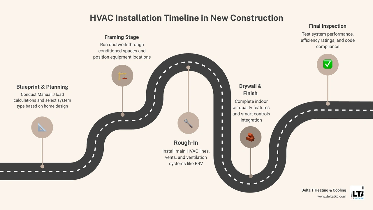 Timeline infographic showing HVAC installation stages during new home construction from blueprint to final inspection