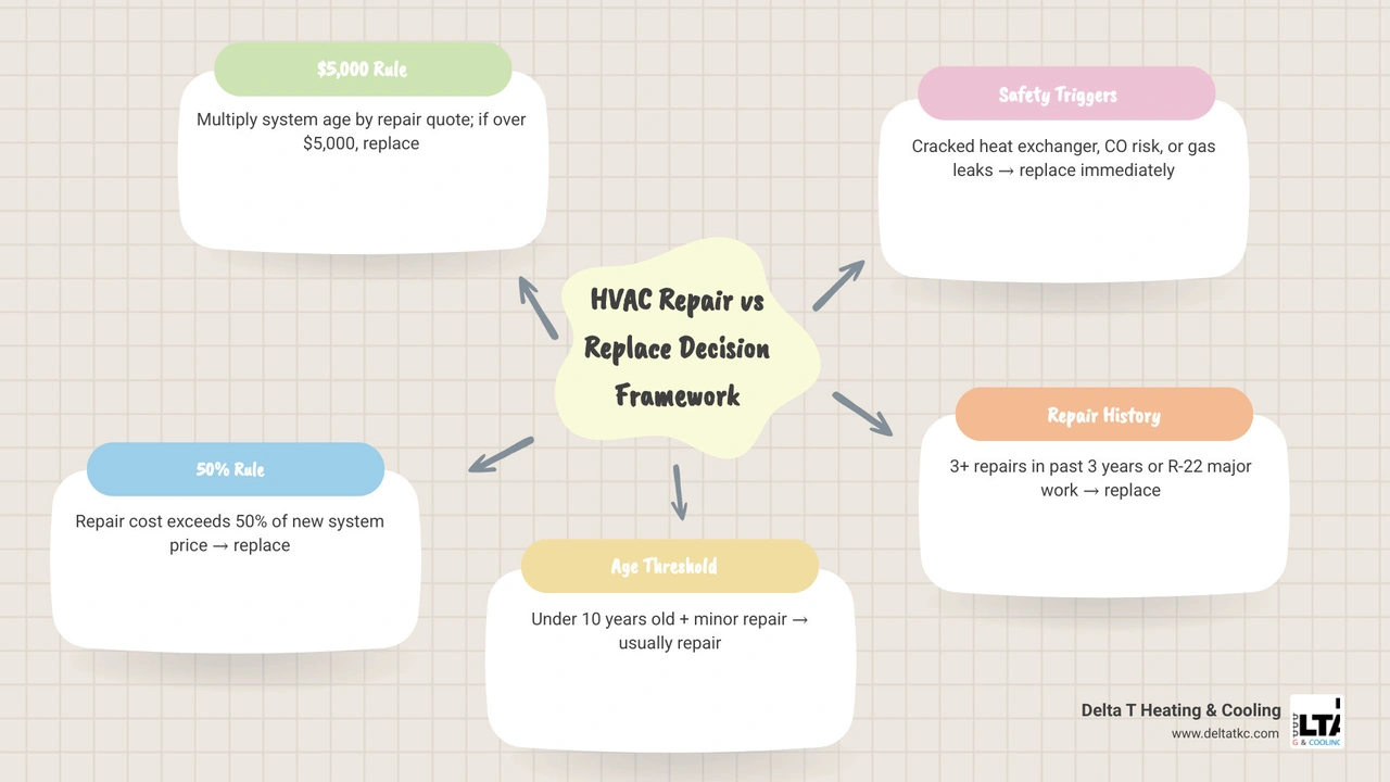 HVAC repair vs replace decision matrix infographic with age thresholds, cost rules, and replacement triggers infographic HVAC repair vs replace decision matrix infographic with age thresholds, cost rules, and replacement triggers infographic