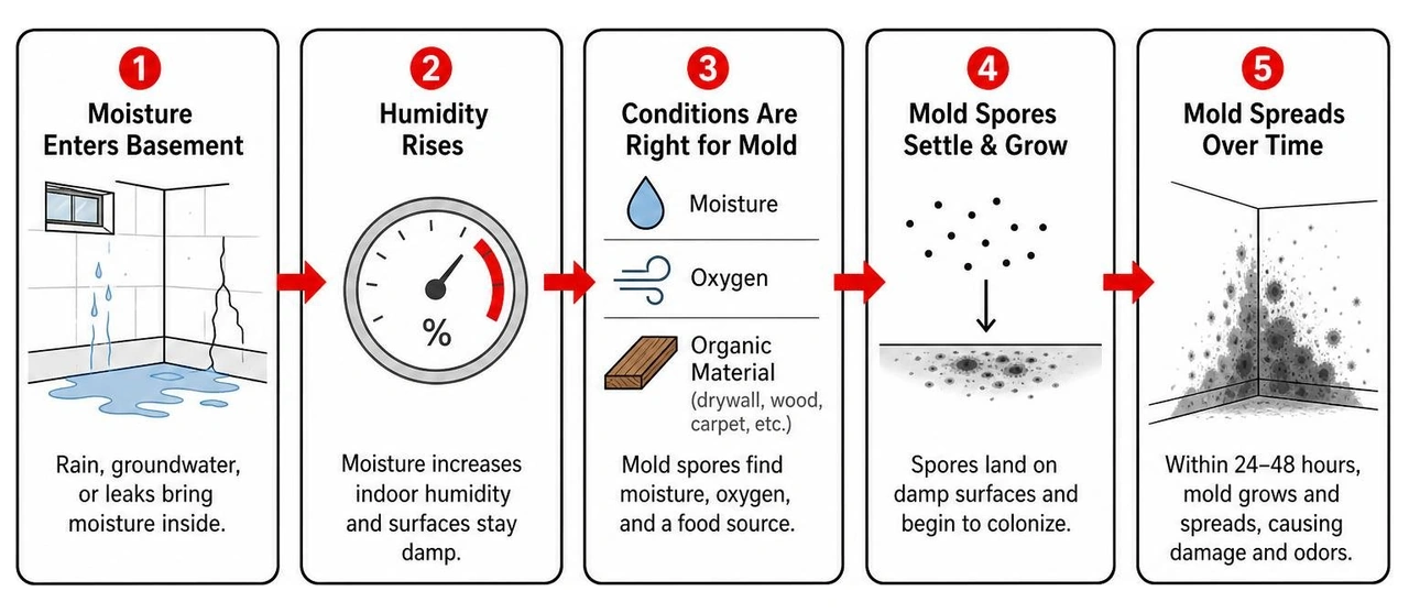 Diagram: How basement moisture leads to mold growth Diagram: How basement moisture leads to mold growth