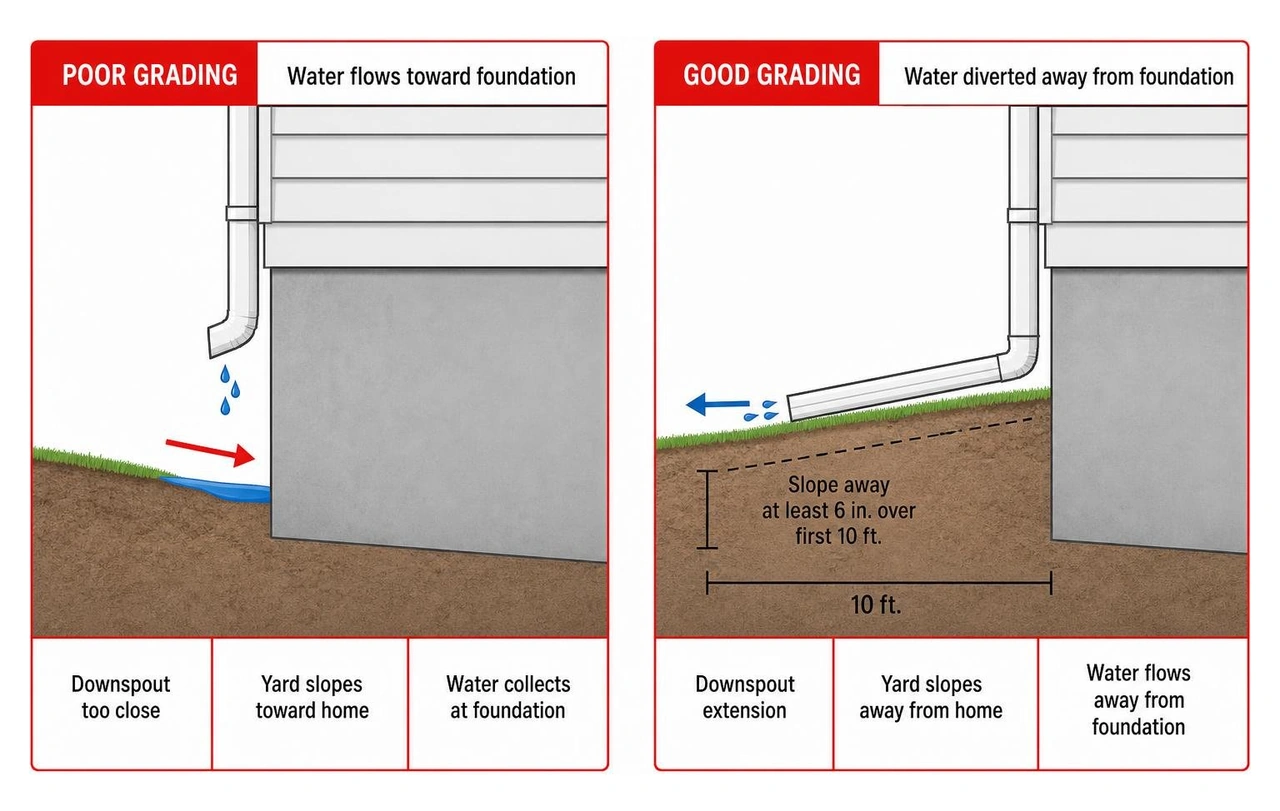 Diagram: Safe yard grading and water diversion away from a foundation Diagram: Safe yard grading and water diversion away from a foundation