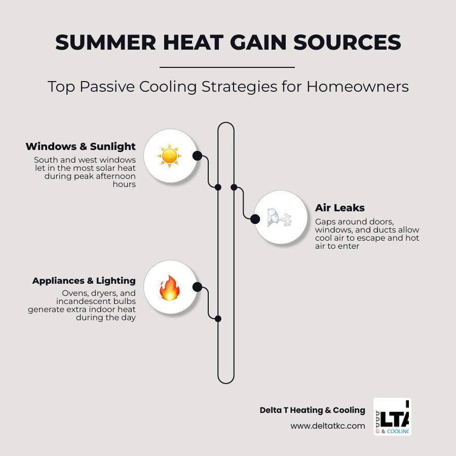 Infographic showing summer heat gain sources and top passive cooling strategies for homeowners infographic