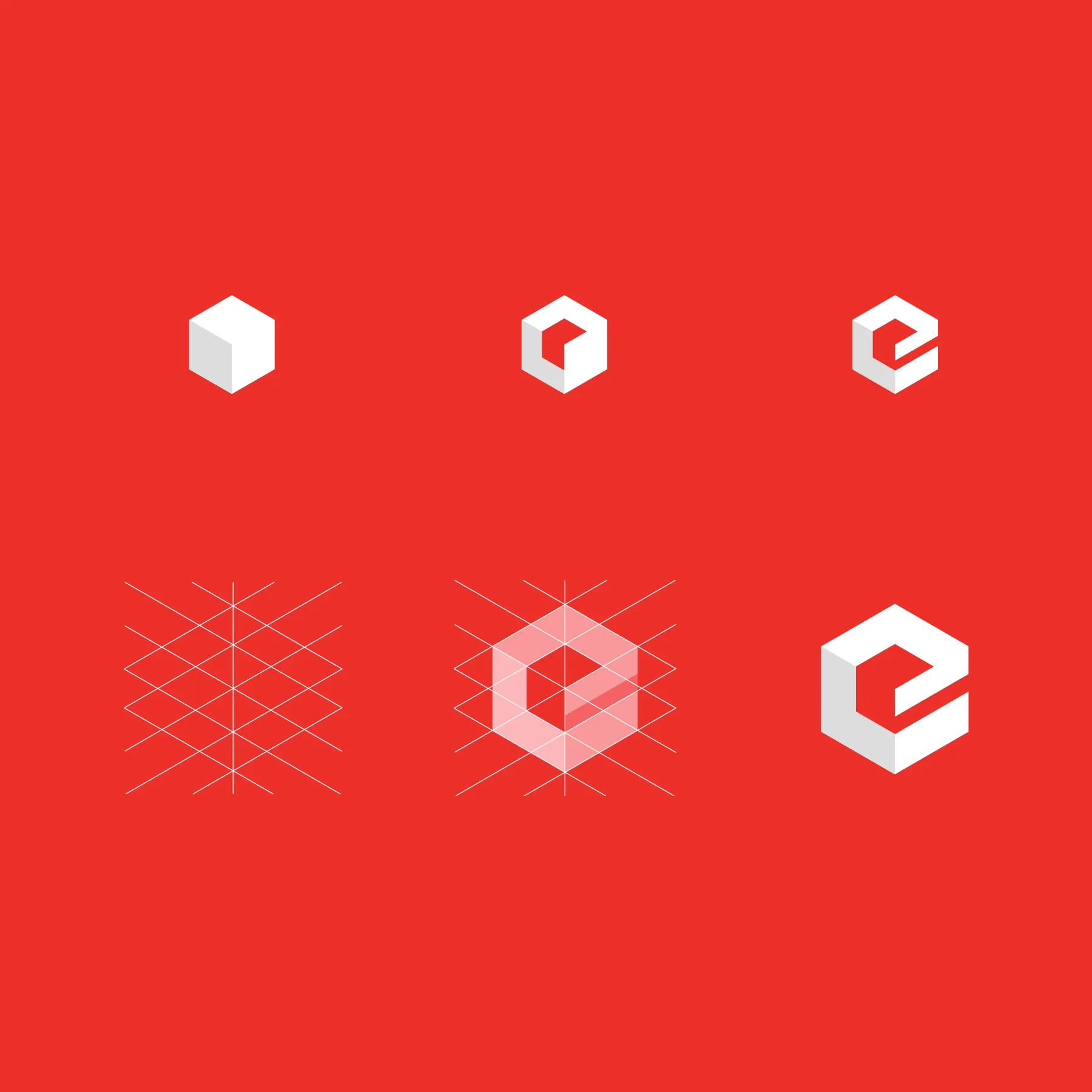 Eine rote Grafik zeigt die Entwicklung des Logos von einem einfachen Würfel zu einem geometrischen “E”-Symbol, mit Gitterlinien für die Gestaltung.