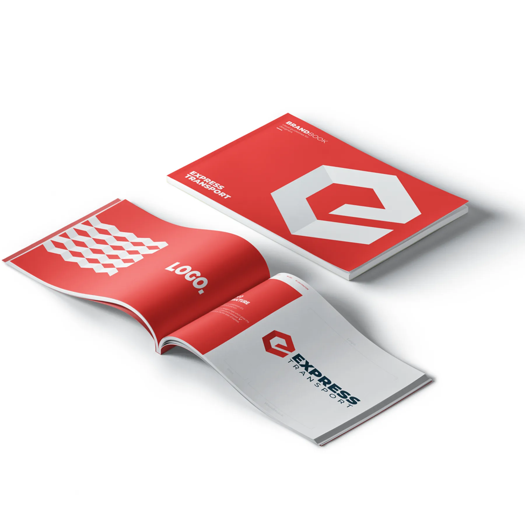  Ein offenes Brandbook mit einem roten Cover zeigt das Logo von Express Transport und eine Innenseite mit Branding-Richtlinien.