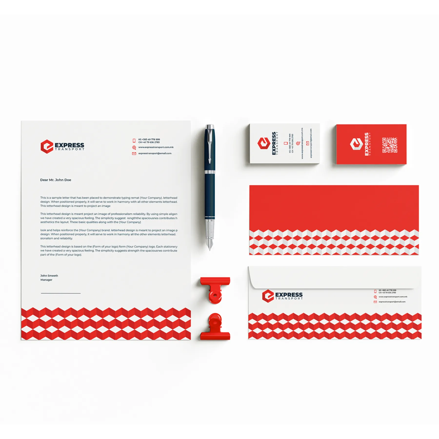 Ein Set aus Briefpapier, Visitenkarten, Umschlägen und anderen Büroartikeln mit dem Branding von Express Transport in Rot und Weiß.