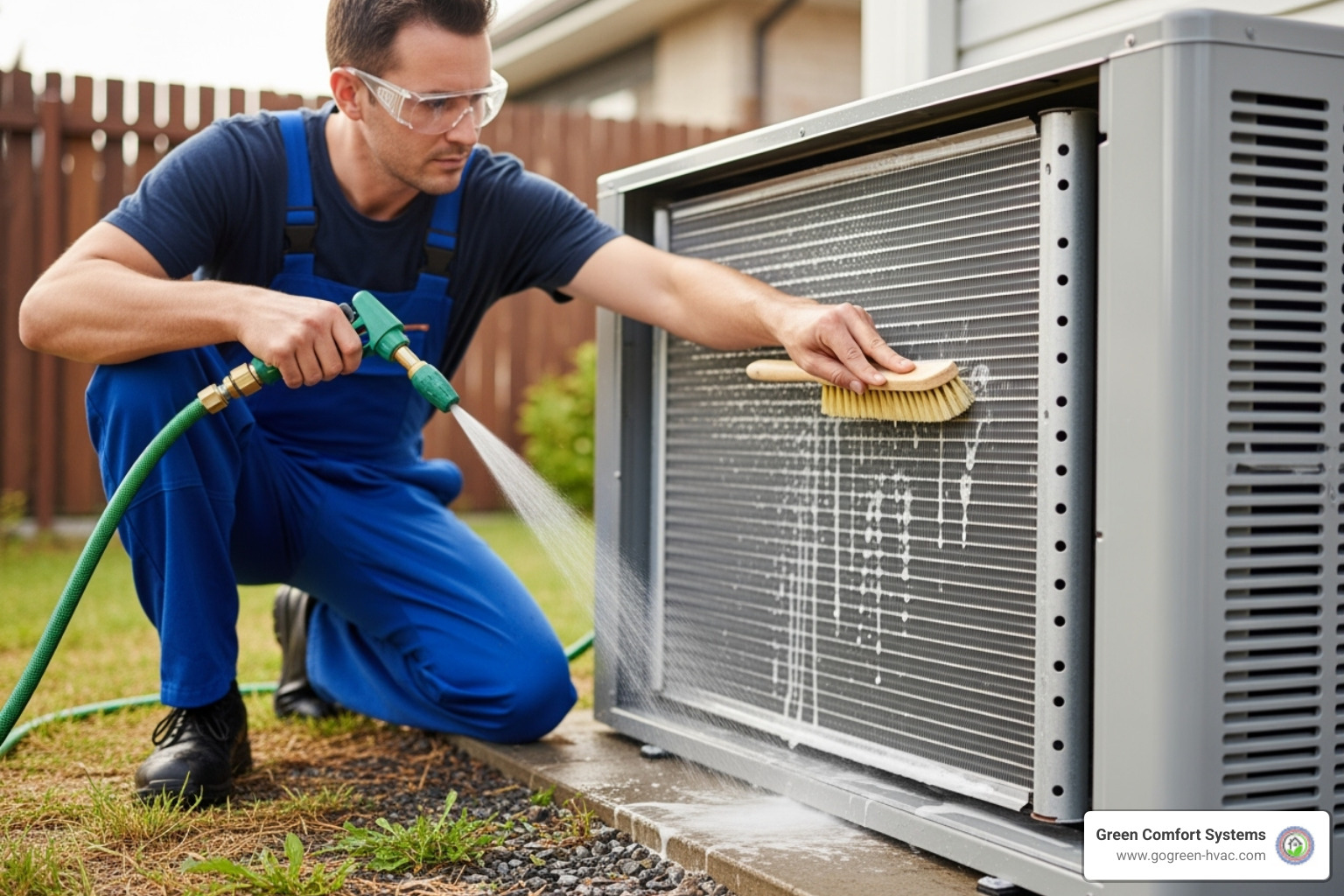 Technician cleaning the coils of an outdoor unit - Heat pump outdoor unit