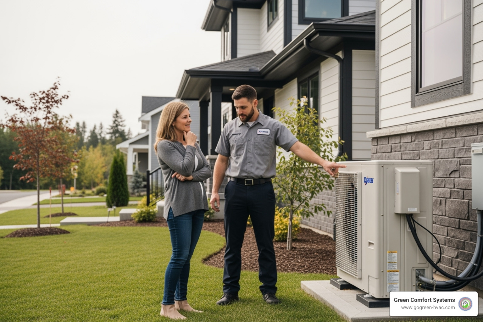 Homeowner discussing options with an HVAC technician in front of a house, looking at a heat pump outdoor unit - Heat pump outdoor unit