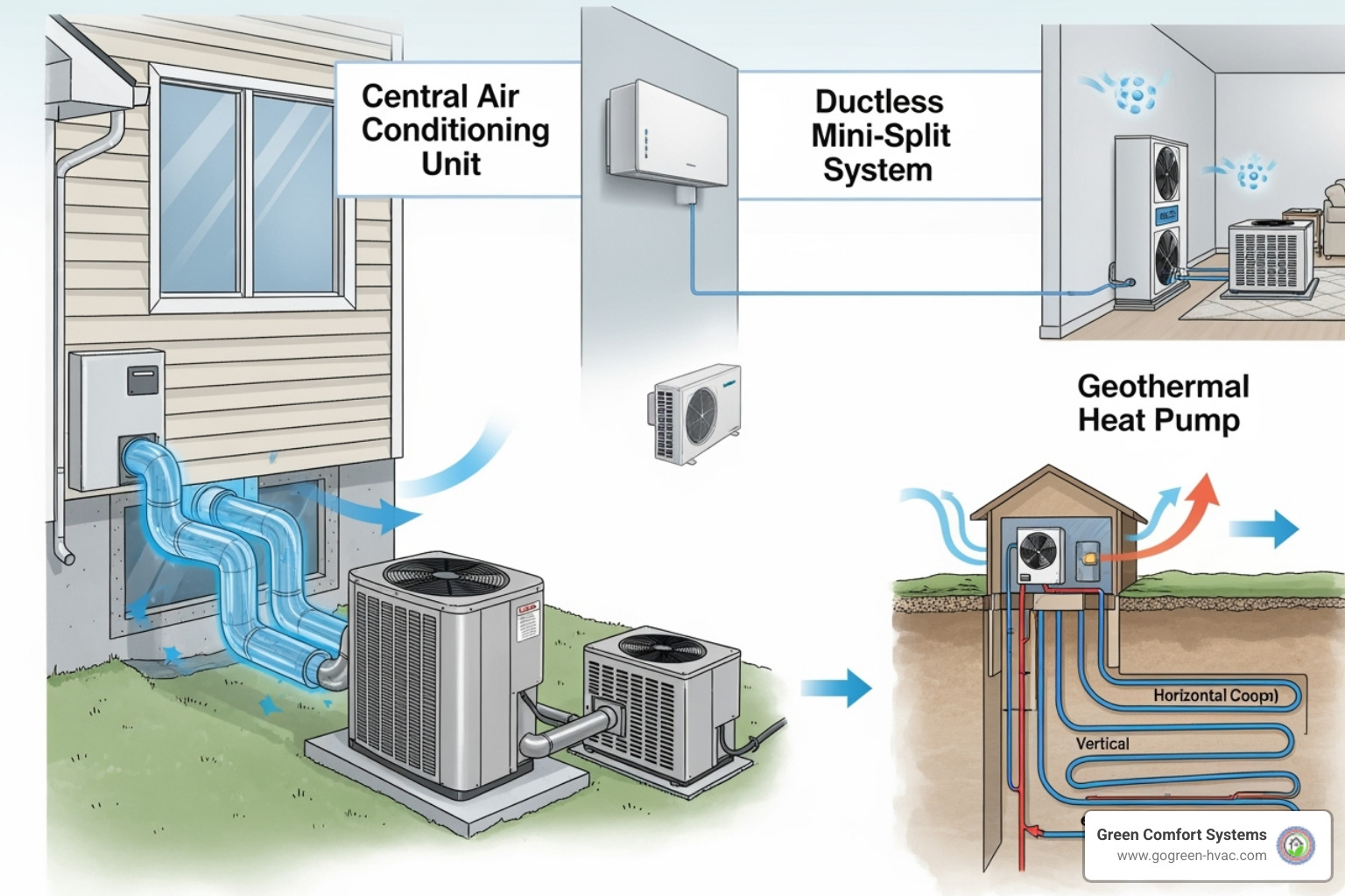 Diagram showing different HVAC types including central, ductless mini-split, and geothermal systems - HVAC system upgrade
