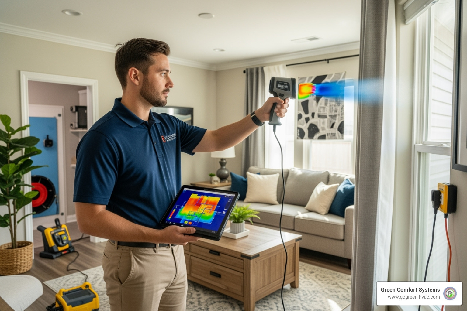 Technician performing a home energy audit with a tablet and specialized equipment - HVAC system upgrade
