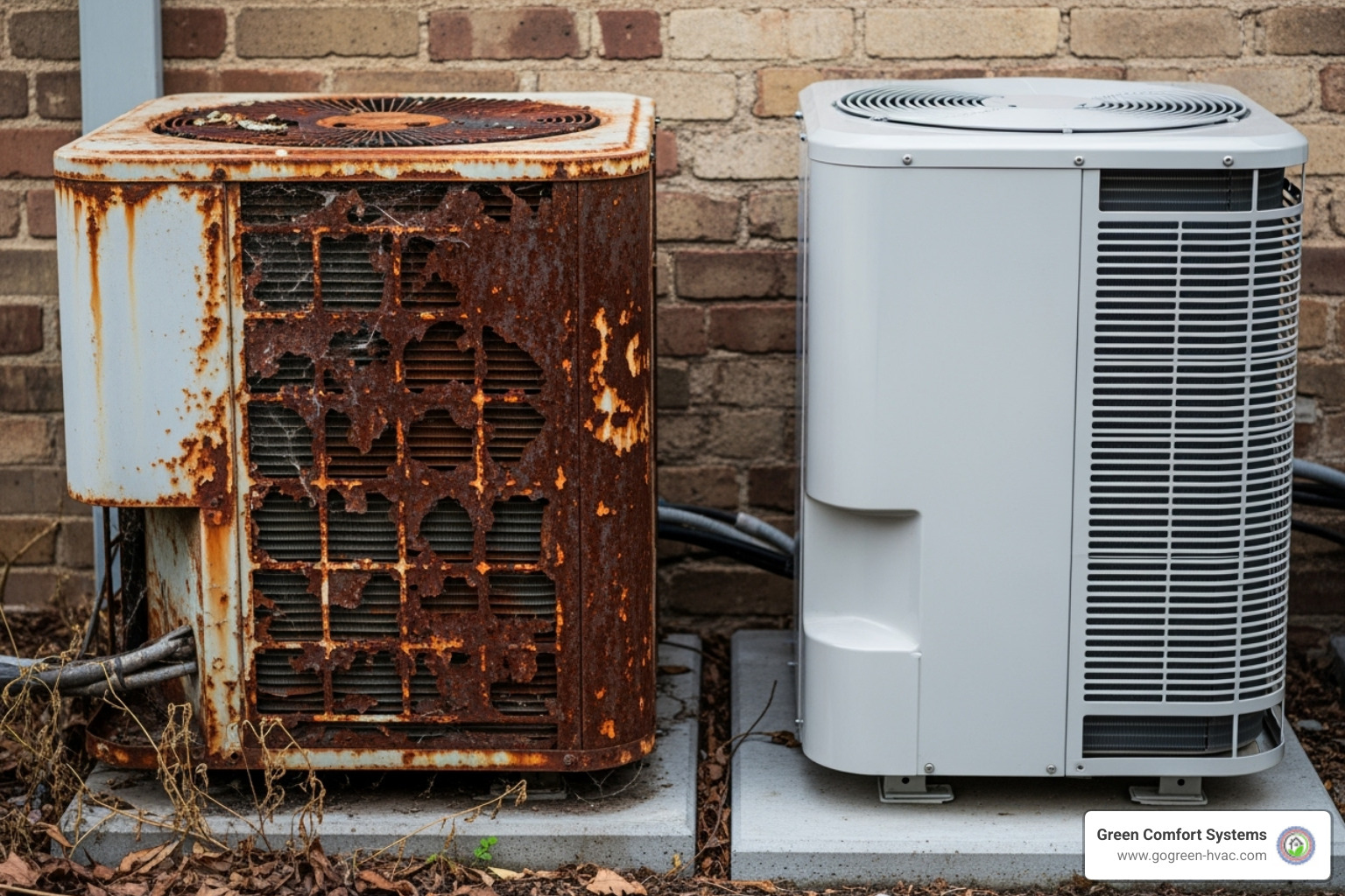 Old, rusted outdoor air conditioning unit next to a new, shiny one - HVAC system upgrade