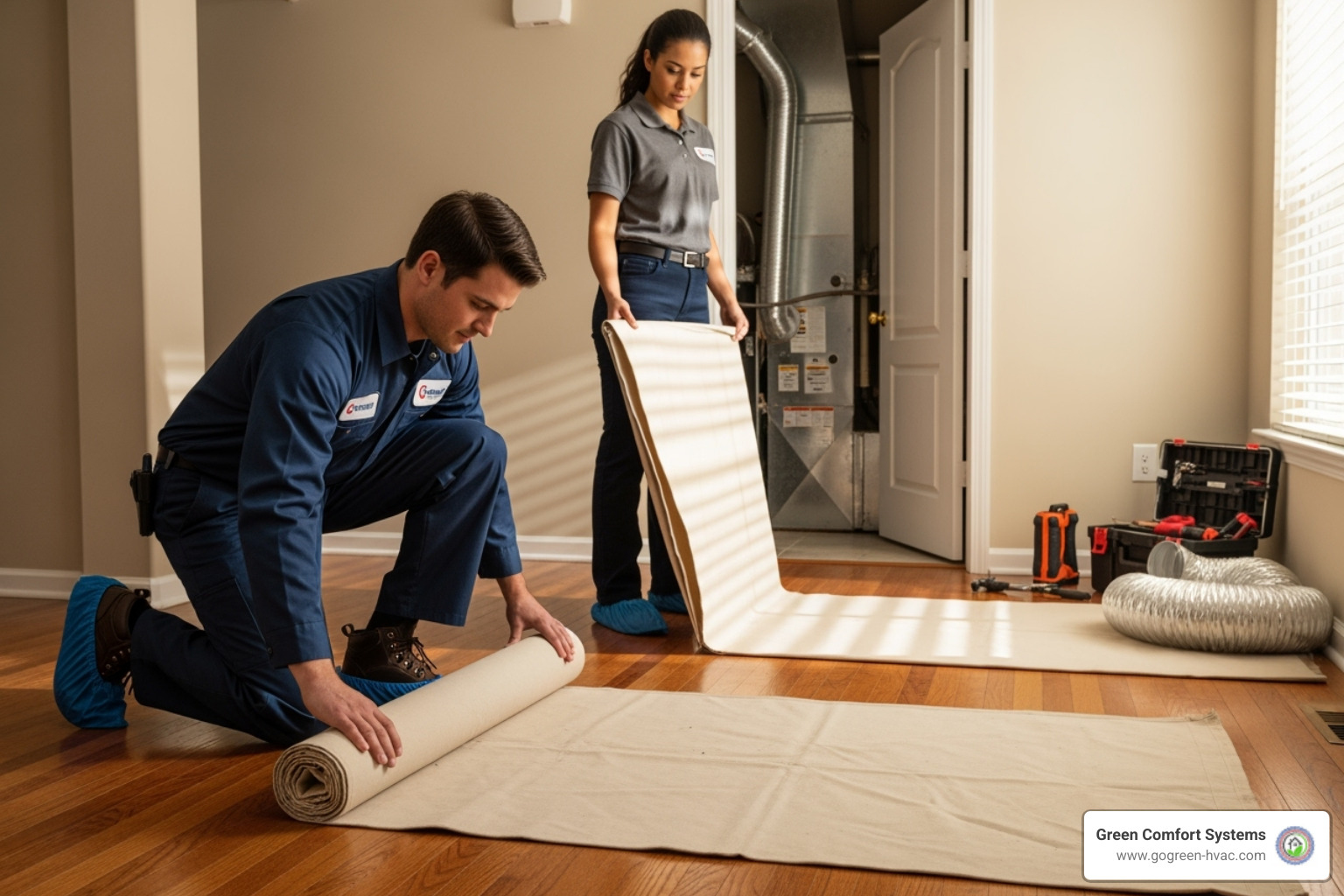 Technicians laying down drop cloths and wearing shoe covers to protect a home's flooring. - furnace installation process
