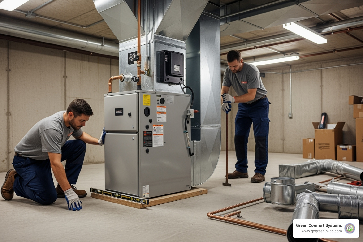 A new furnace being carefully placed and leveled on a solid base. - furnace installation process
