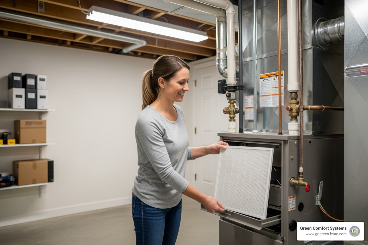 A homeowner smiling while easily changing their new furnace's air filter. - furnace installation process
