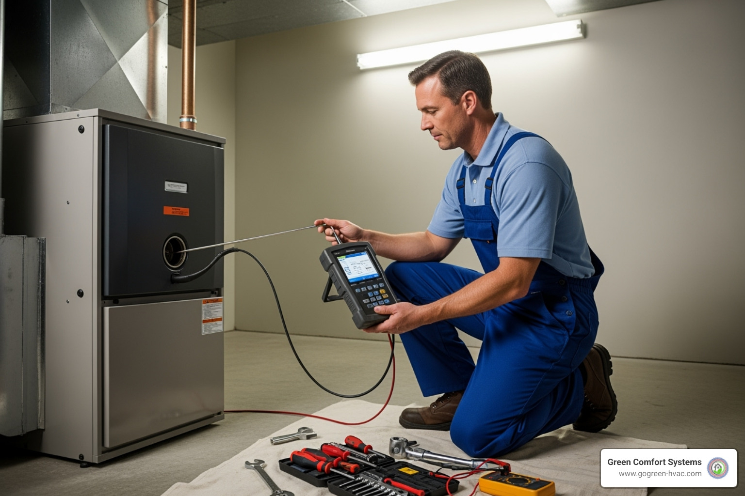 A technician using a digital combustion analyzer to test the new furnace. - furnace installation process