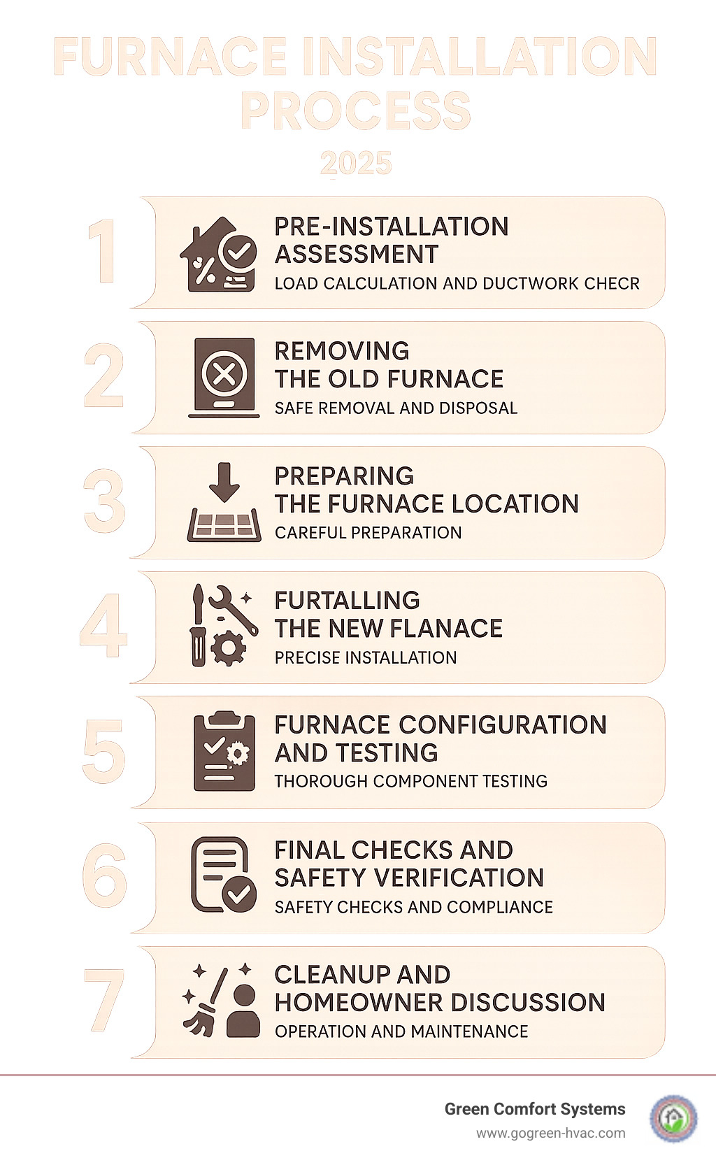 Infographic showing the 7 essential stages of a professional furnace installation: 1. Pre-installation assessment, including load calculation and ductwork check. 2. Safe removal and disposal of the old furnace. 3. Careful preparation of the furnace location. 4. Precise installation of the new furnace unit. 5. Thorough configuration and testing of all components. 6. Final safety checks and verification of compliance. 7. Comprehensive cleanup and homeowner discussion on operation and maintenance. - furnace installation process infographic 