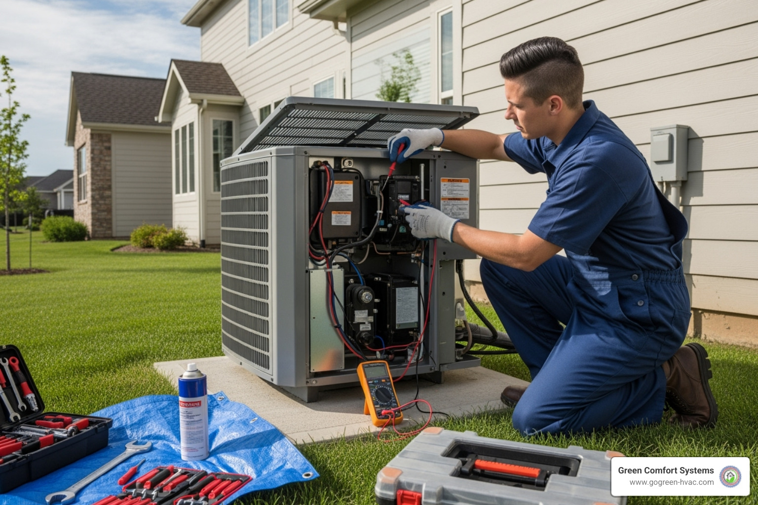 Technician performing a maintenance check on an outdoor AC unit - columbia md heating and cooling
