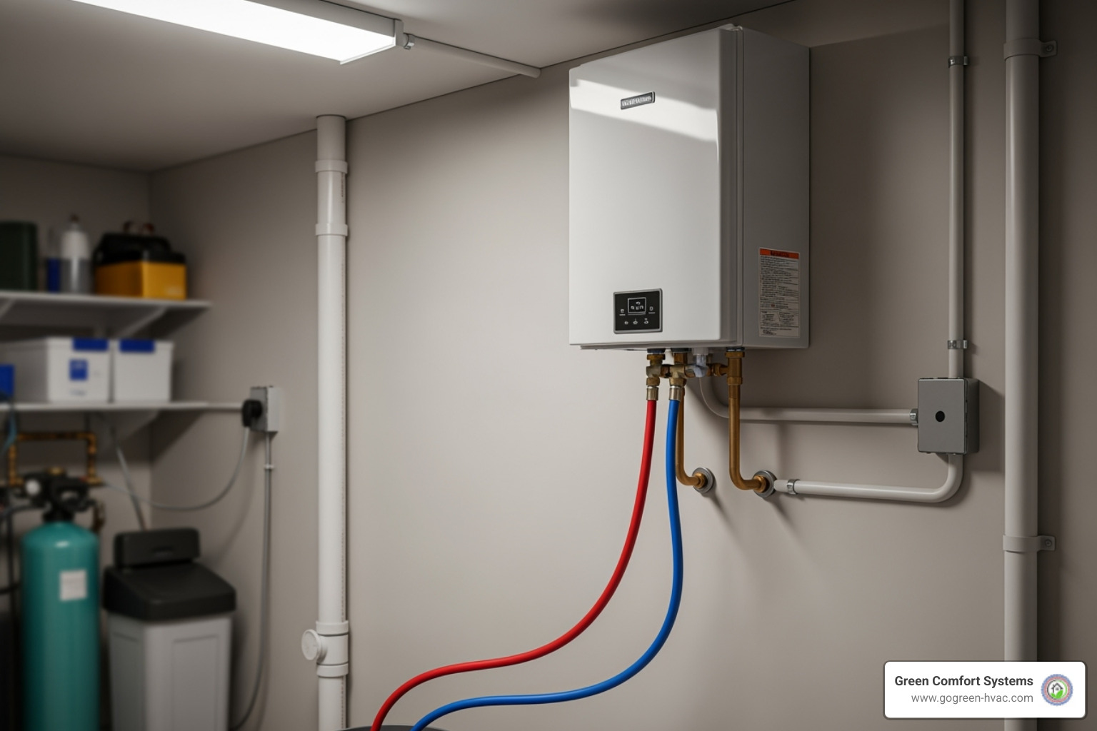 hoses connected to tankless water heater service ports - tankless water heater maintenance