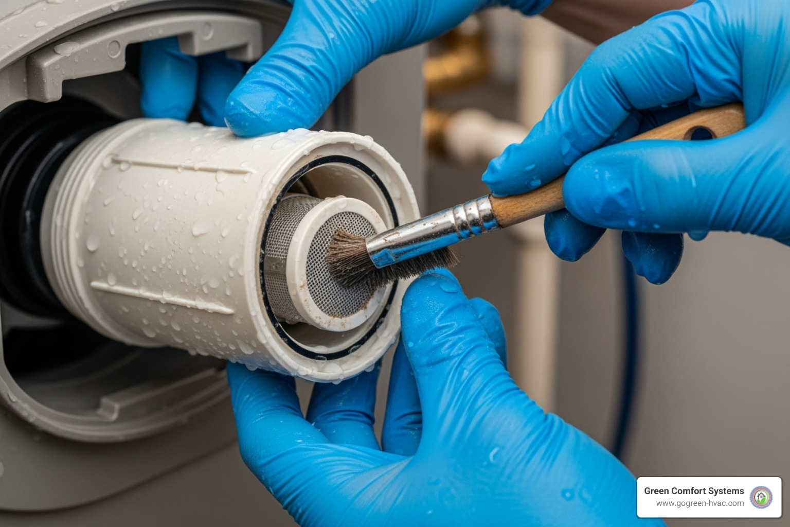 person cleaning tankless water heater filter - tankless water heater maintenance