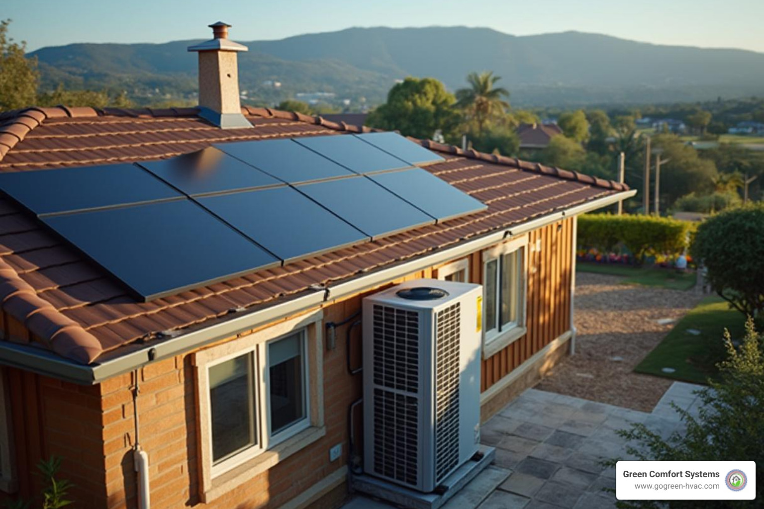 Solar panels on a roof connected to an AC unit - Green HVAC solutions