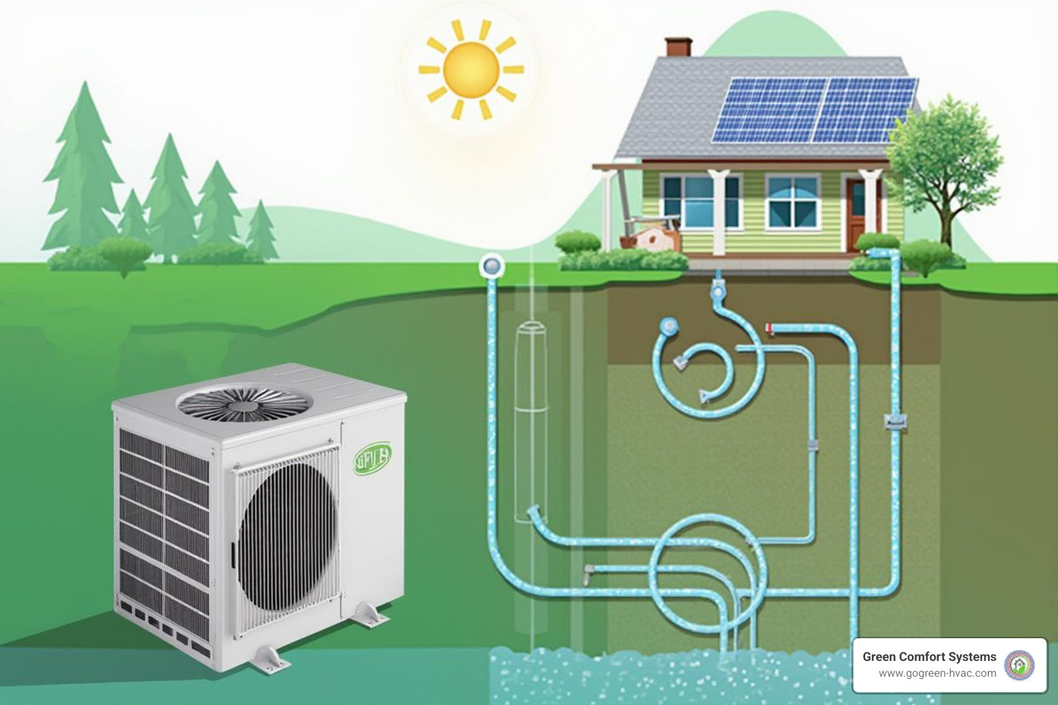 Diagram showing different green HVAC technologies like geothermal, solar, and heat pumps - Green HVAC solutions