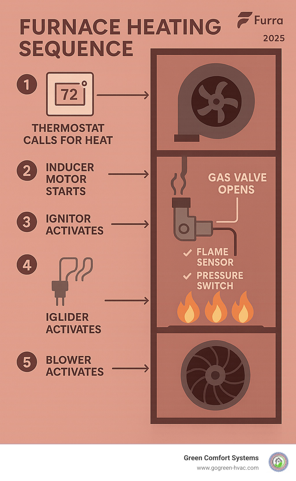 Detailed infographic showing the furnace heating sequence from thermostat call to blower activation, including gas valve operation, safety switches, and proper flame characteristics - furnace gas valve repair infographic 