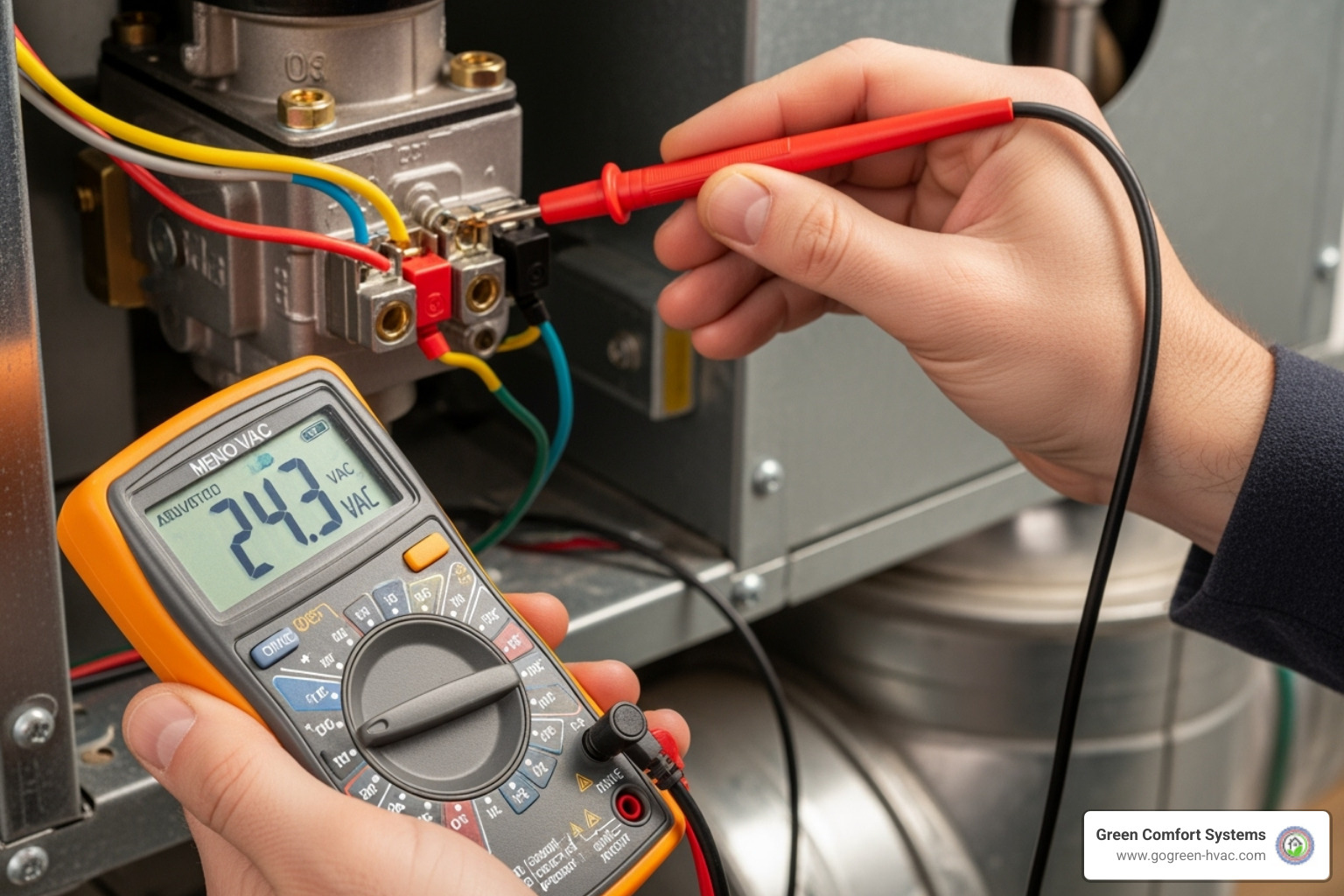 multimeter testing a gas valve - furnace gas valve repair
