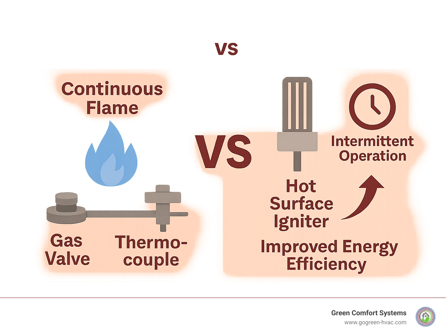 Infographic comparing standing pilot light system with continuous flame, gas valve, and thermocouple components versus modern electronic ignition system with hot surface igniter, intermittent operation, and improved energy efficiency - furnace pilot light infographic 