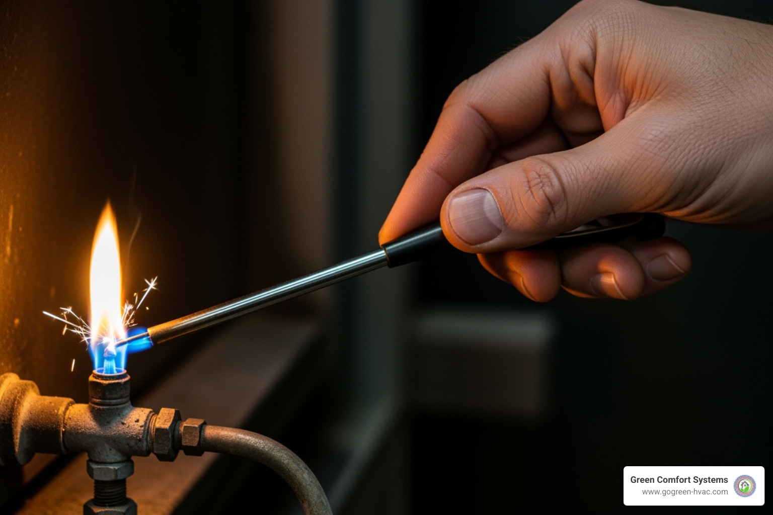 person using a long lighter to relight a pilot light - furnace pilot light