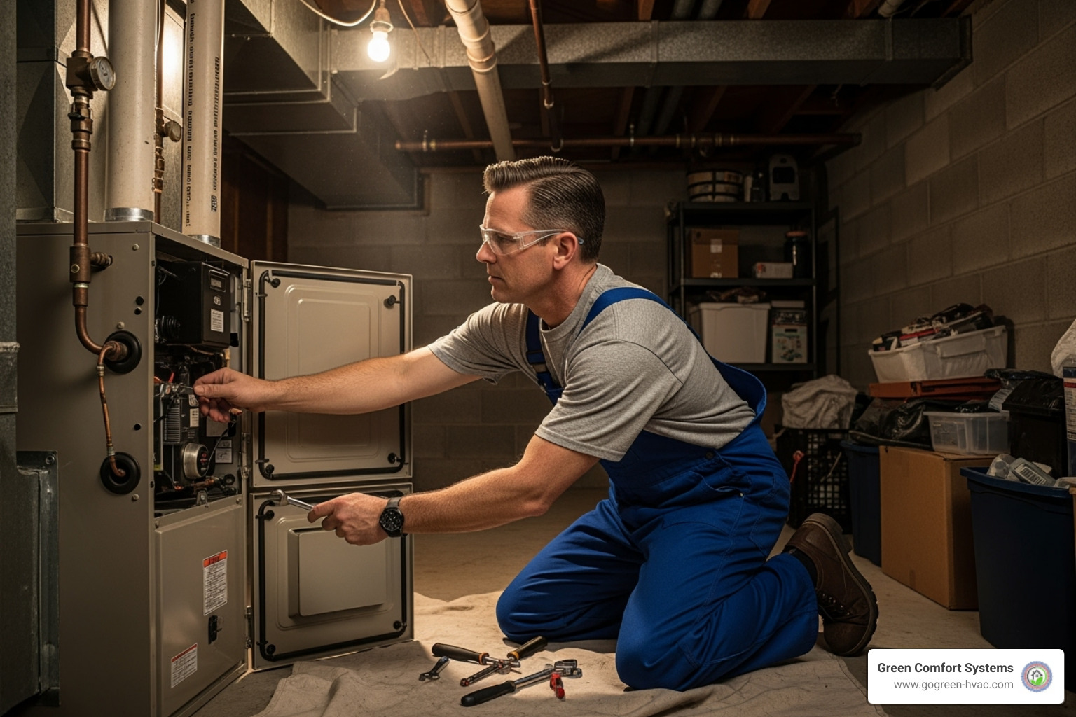 HVAC technician performing furnace maintenance - furnace pilot light