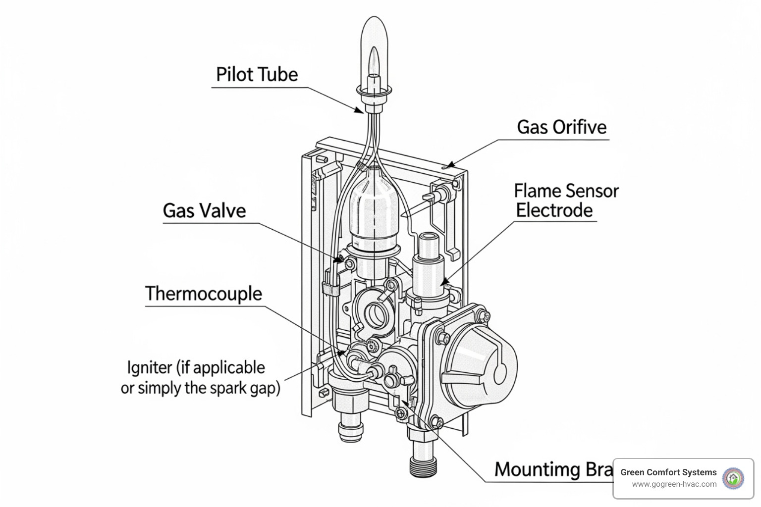 diagram labeling the parts of a furnace pilot light assembly - furnace pilot light