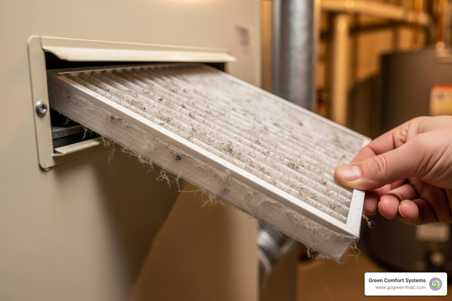 hand sliding an old, dirty filter out of a furnace slot - furnace filter replacement