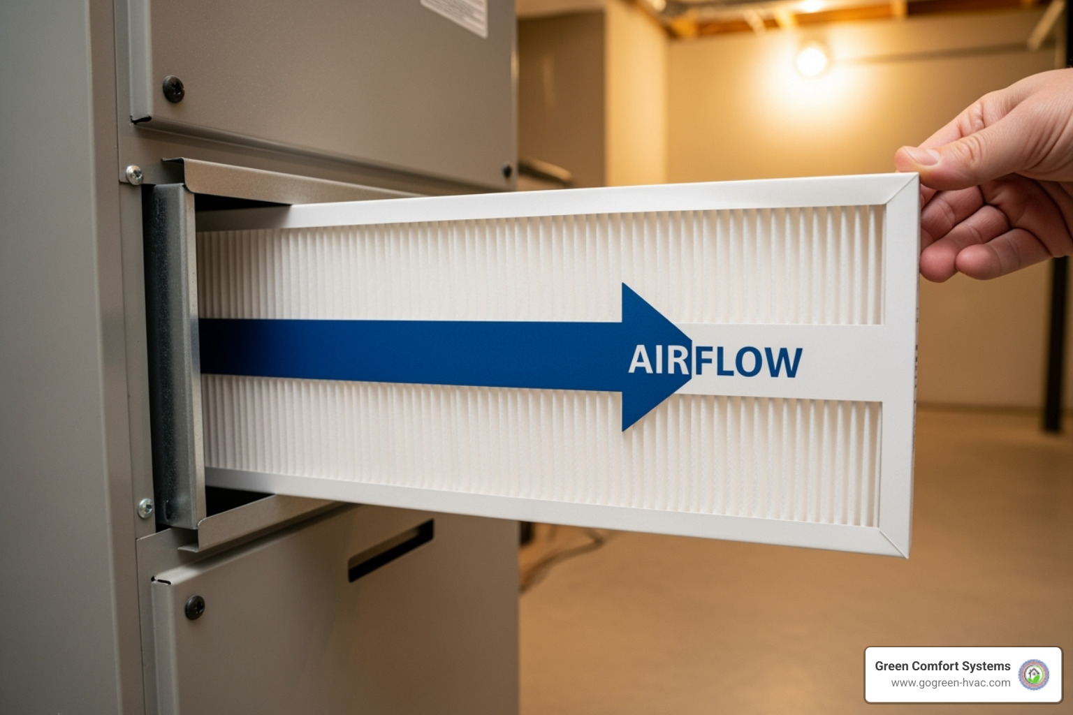 new, clean filter being inserted, with the airflow arrow clearly visible - furnace filter replacement