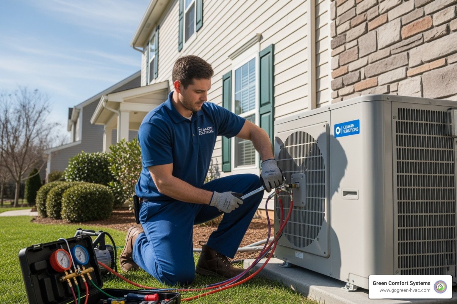 qualified HVAC technician installing an outdoor heat pump unit - Energy efficient heat pump
