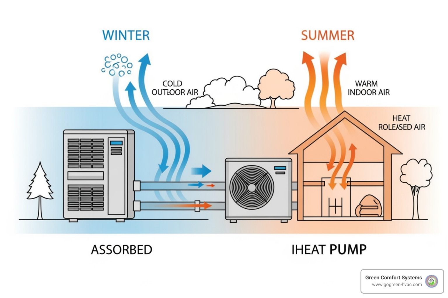 refrigerant cycle showing heat being absorbed from outside air in winter and released outside in summer - Energy efficient heat pump