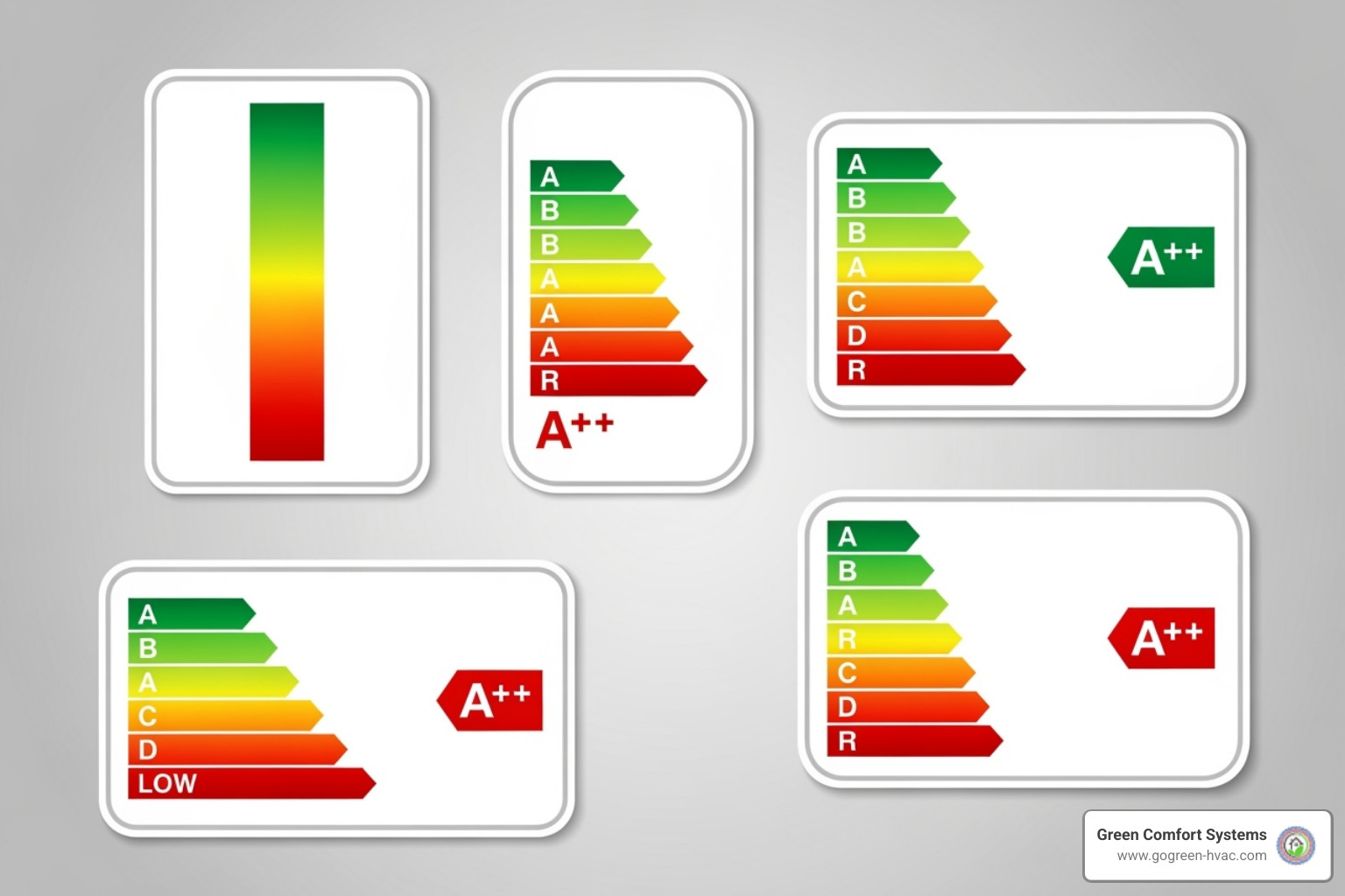 different efficiency rating labels (SEER, HSPF, ENERGY STAR) - Energy efficient heat pump