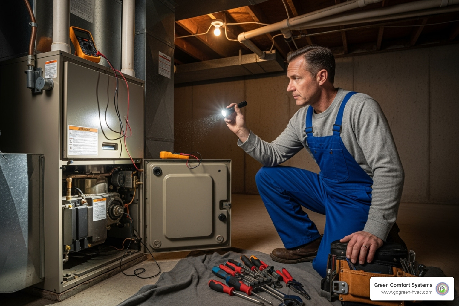 HVAC technician inspecting furnace - furnace carbon monoxide