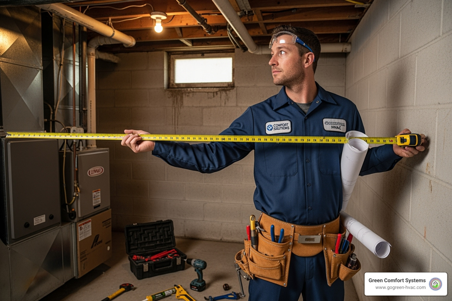 Technician measuring a home for a furnace installation - energy efficient furnace