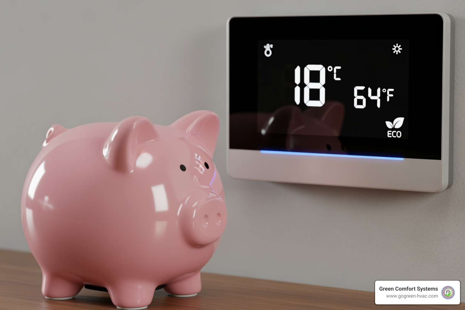 piggy bank next to a thermostat showing a lower temperature - Zoned HVAC systems