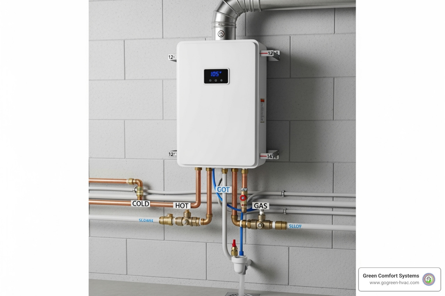 a tankless unit being mounted to a wall with proper clearances - tankless water heater installation