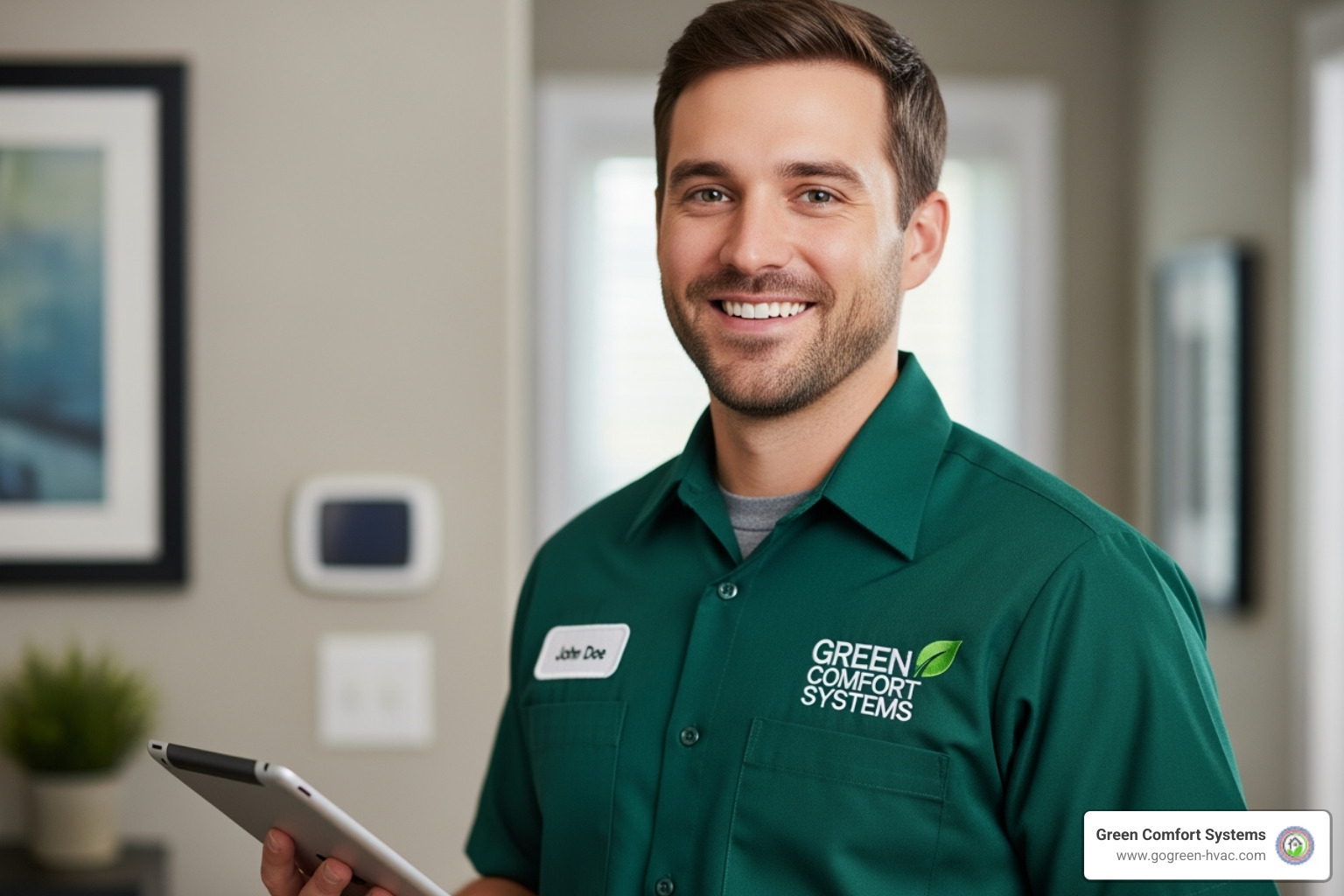 a friendly technician in a Green Comfort Systems uniform - tankless water heater installation