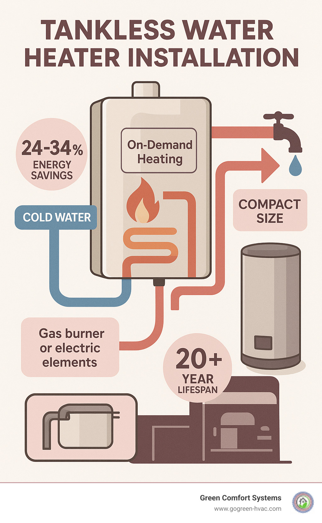 Comprehensive infographic showing tankless water heater operation: cold water entering the unit, gas burner or electric elements heating water on-demand, hot water flowing to fixtures, with callouts showing energy savings percentages, 20-year lifespan, compact wall-mount design, and comparison to bulky traditional tank systems - tankless water heater installation infographic 