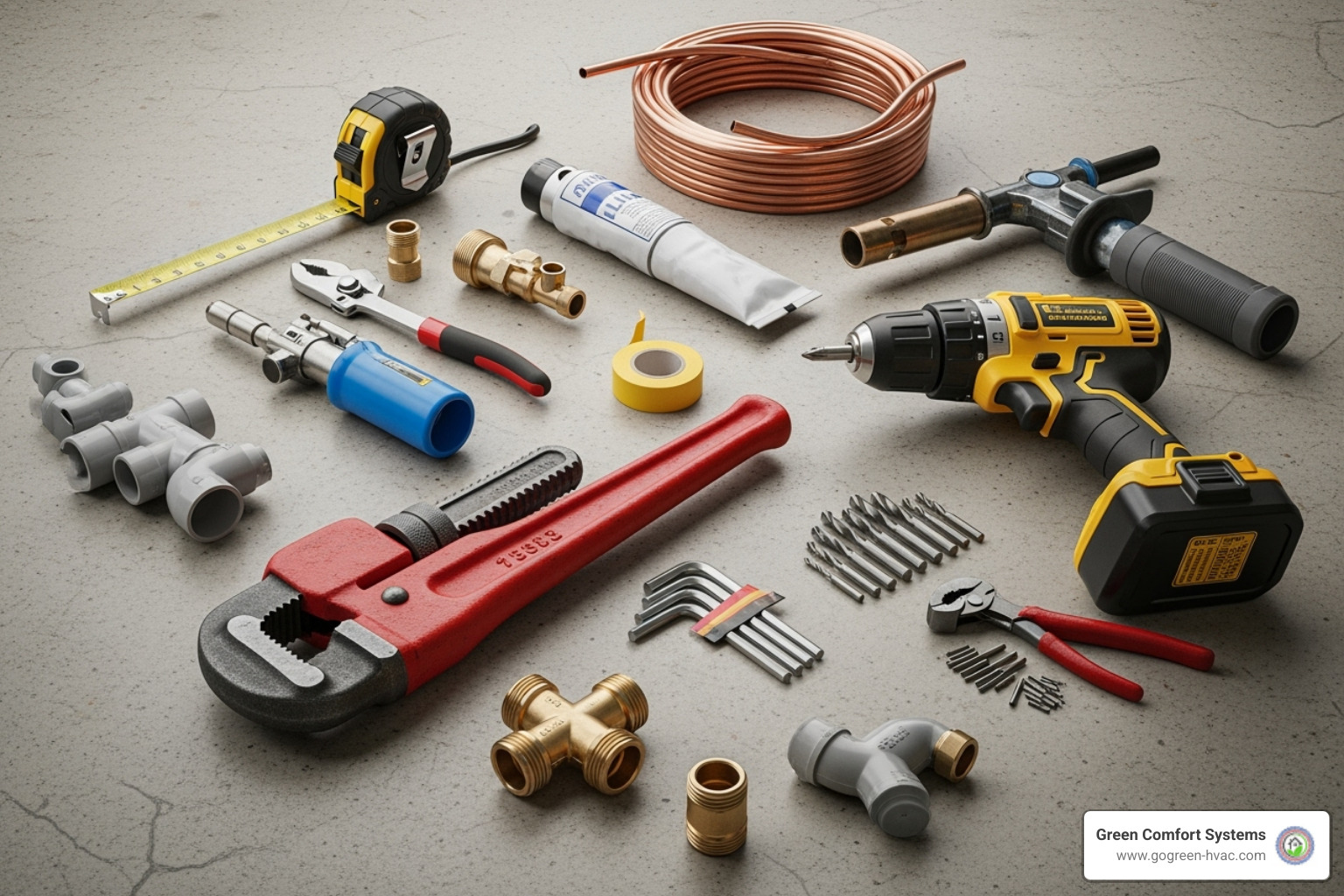 tools laid out for a plumbing job (pipe wrench, drill, etc.) - tankless water heater installation