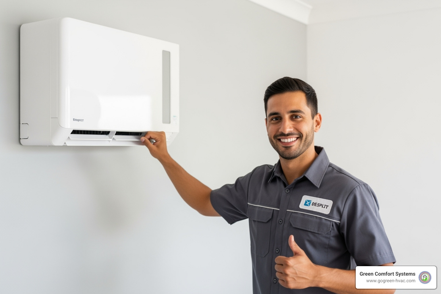 friendly technician smiling next to a newly installed mini split system - Mini split for home
