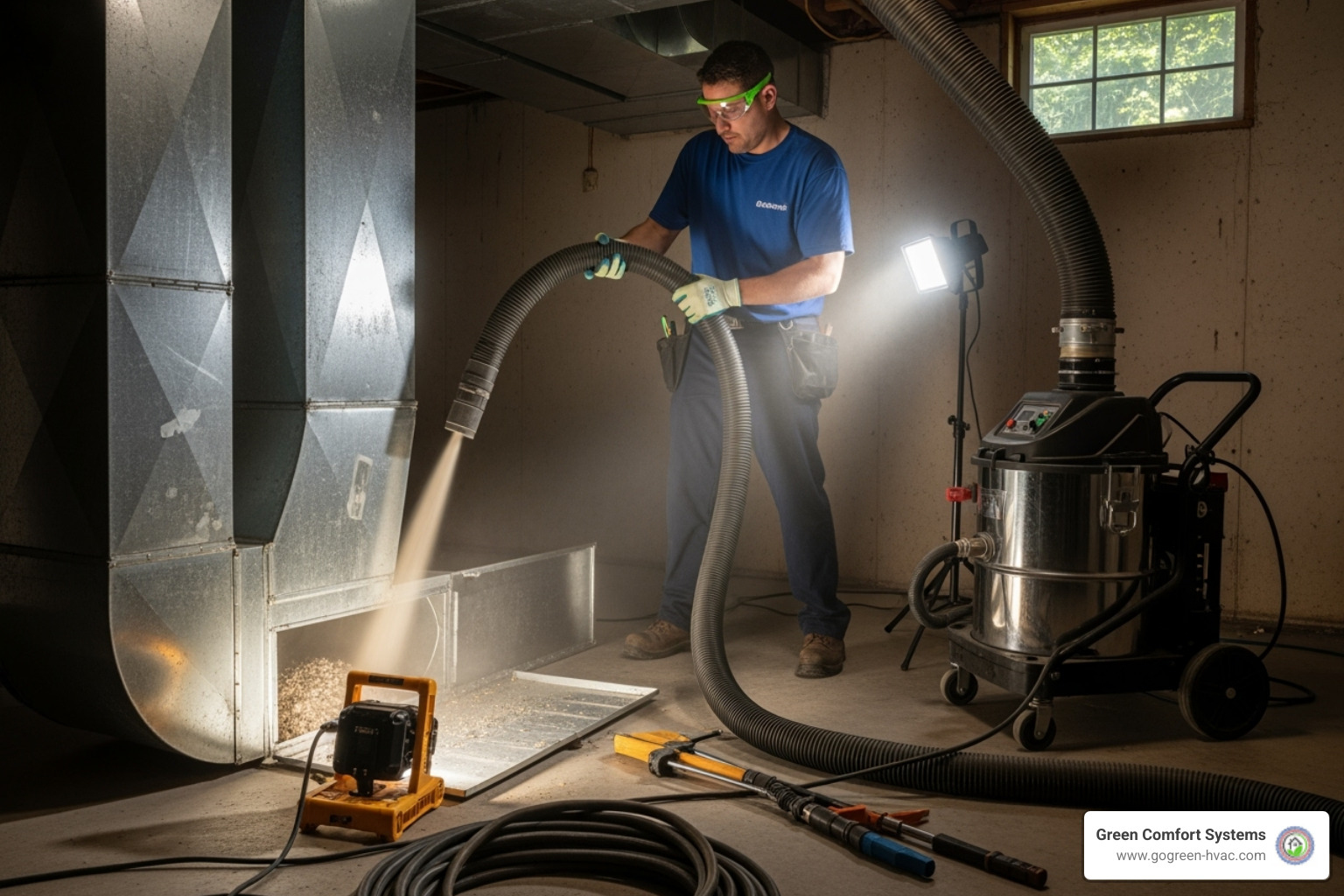 technician using a high-powered vacuum on a duct system - air duct cleaning forest hill