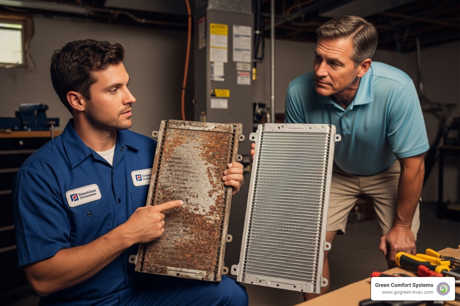 Technician showing homeowner an old, corroded AC part next to a new one - AC repair Glen Burnie