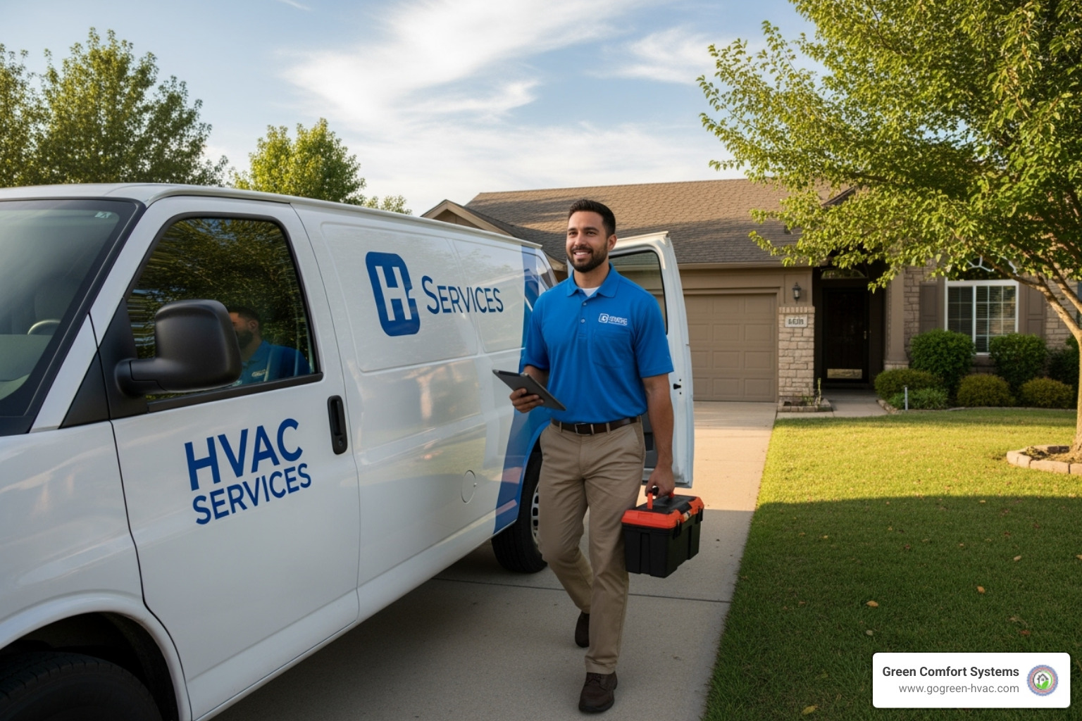 Friendly, uniformed technician arriving at a home in a service van - AC repair Glen Burnie