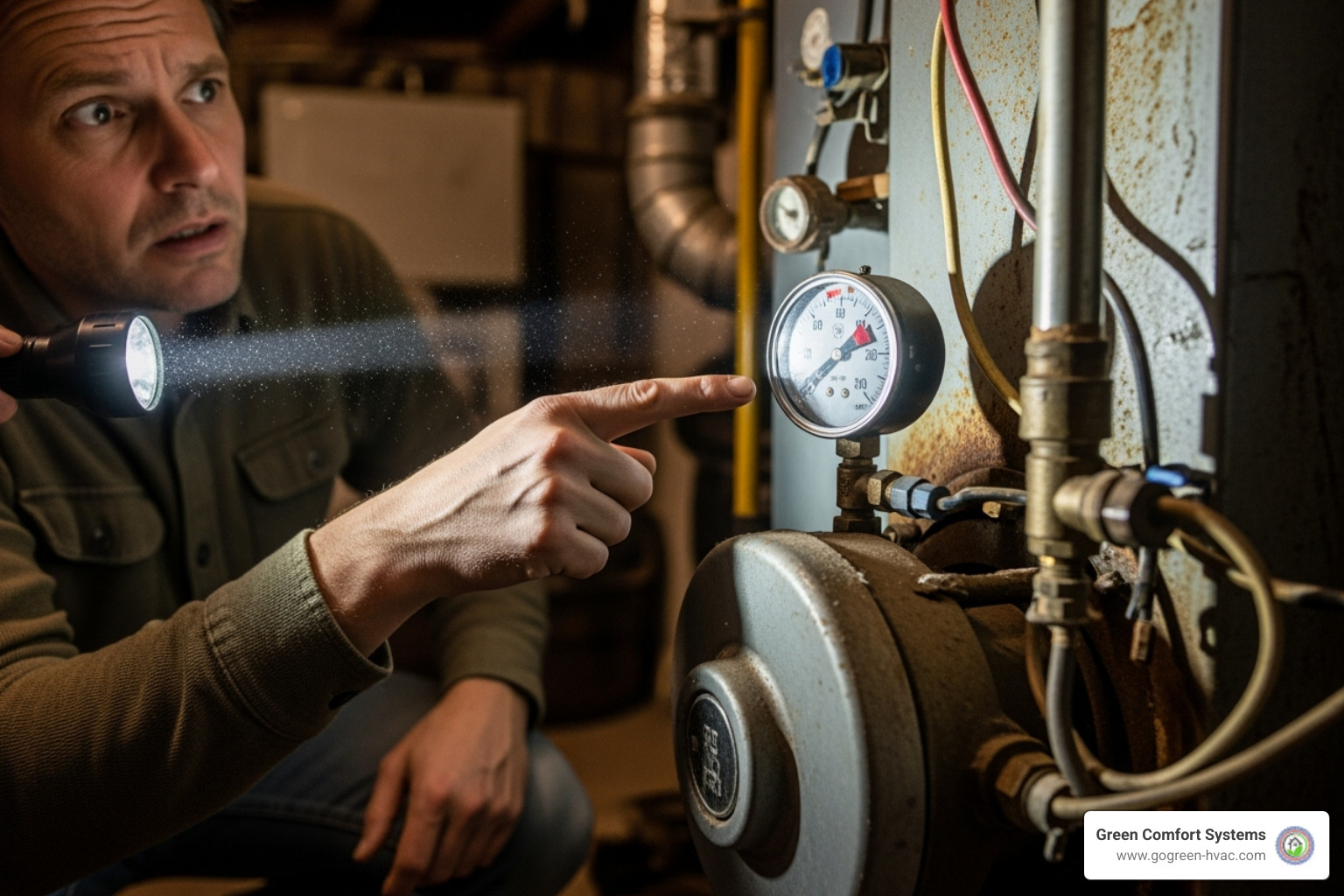 A homeowner looking at their boiler with a concerned expression, pointing at a gauge - boiler repair forest hill A homeowner looking at their boiler with a concerned expression, pointing at a gauge - boiler repair forest hill